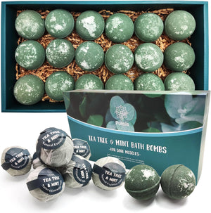 Purelis Luxurious Tea Tree and Mint Bath Bombs - Set of 18 Individually Wrapped Natural and Organic Bath Balls for Ultimate Relaxation