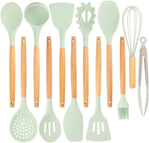 Kitchen Silicone Cooking Utensil 13-Piece Set with Stand, Wood Handles. 4 Colors Available