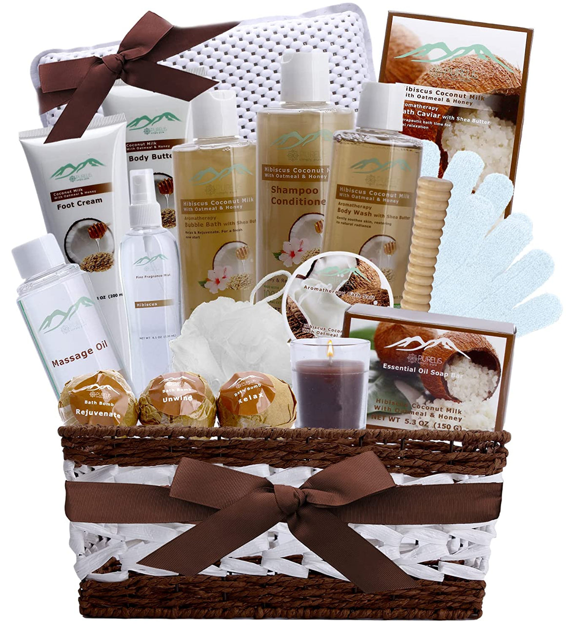 Deluxe Hibiscus Coconut Oatmeal & Honey 16-Piece Spa Gift Basket and Bath Pillow