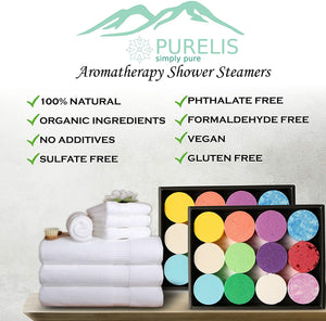 Purelis Shower Steamer Gift Box. Double Pack - Set of 24 Aromatherapy Shower and Bath Bombs Individually Wrapped. Organic Shower Steamer Tablets and Essential Oil Shower Steamers for Spa Gift Set