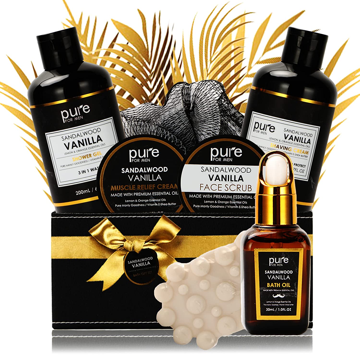 Grooming Gift for Men Natural Sandalwood Vanilla Bath & Body Set - Luxury Shaving, Skincare, Bath self-care Kit. Holiday Gift Set