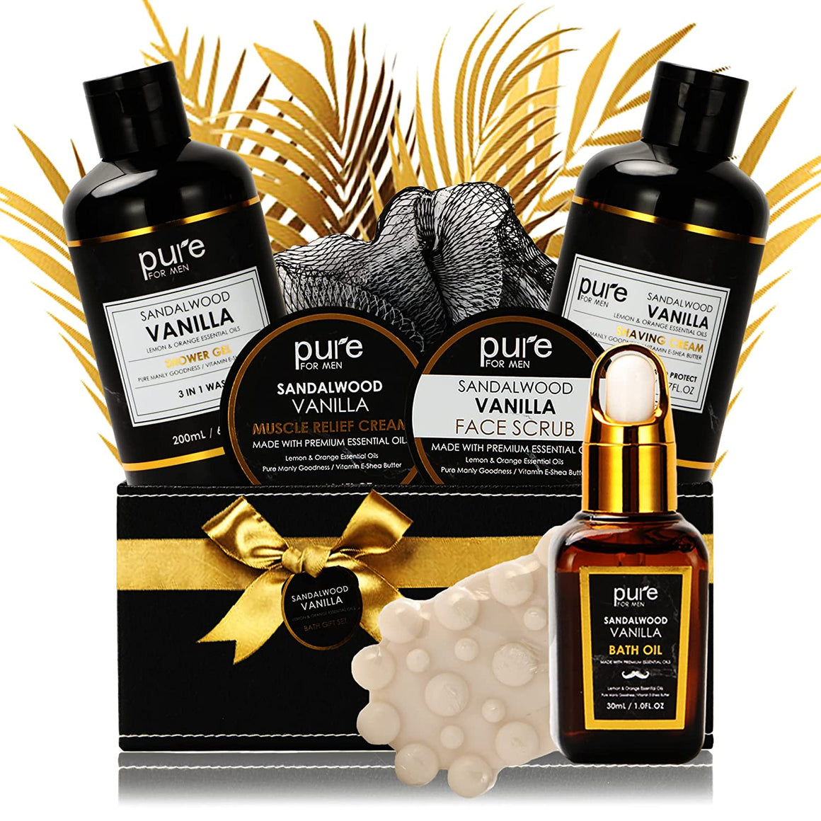 Grooming Gift For Men Natural Sandalwood Vanilla Bath & Body Set - Luxury Shaving, Skincare, Bath Self-Care Kit. Holiday Gift Set