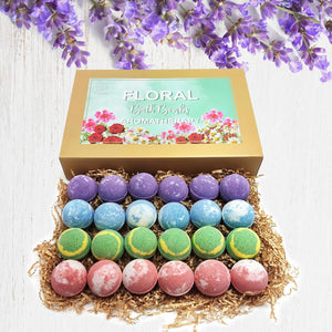 Floral Essential Oil Bath Bombs for Women. 24 Moisturizing Bath Bombs Gift Set - Best Holiday Gift for Mom, Wife, Friends!