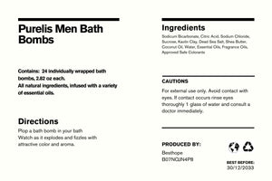 Purelis Men's Luxurious 24-Pack Natural Shea Butter Bath Bombs for Men