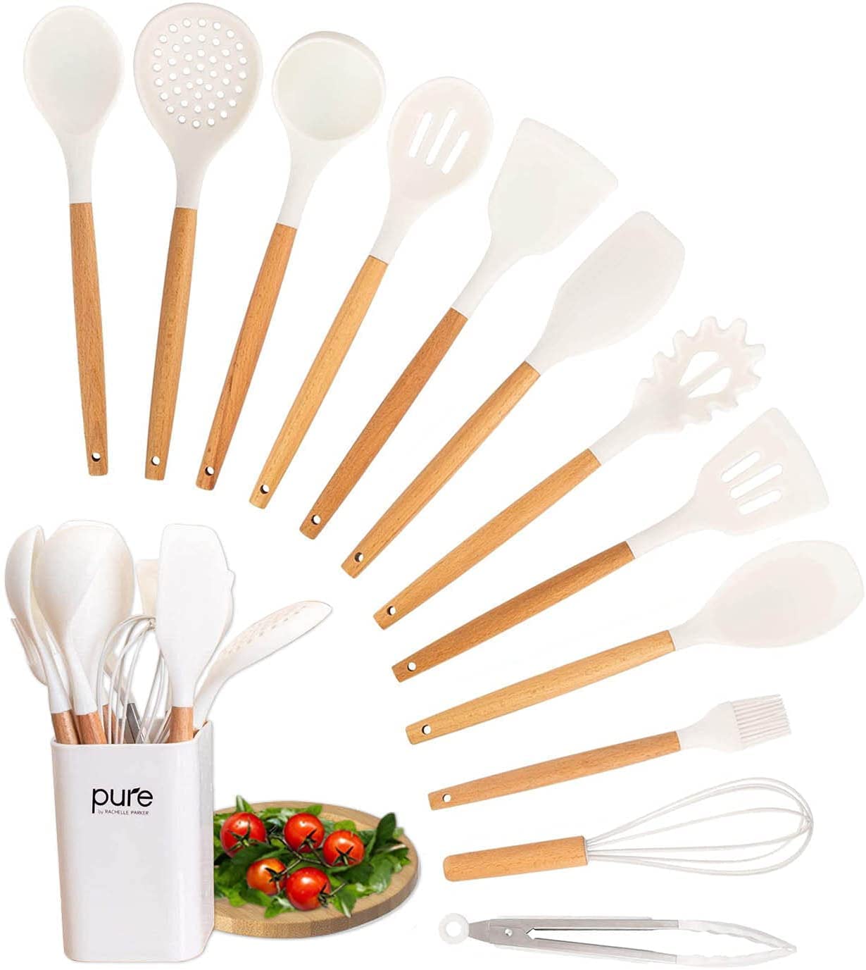 VIVAYO Silicone Cooking Utensil Kitchen Utensils Set, 12 Pieces Silicone Kitchen Utensil Wooden Handles, Kitchen Spatula Sets with Holder Spoon