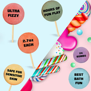 Kids 24 Lollipop Bath Bombs Gift Set. Natural Bath Fizzies Moisturizing Bath Bombs to Make Bath Time Fun! Perfect Party Favors for Kids, Carnival Prizes