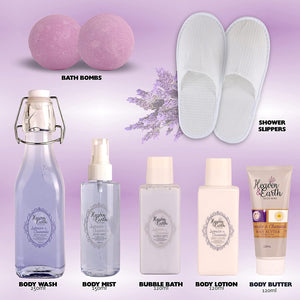 Lavender Passion Spa 18-Piece Gift Basket. All inclusive with Notebook, Bath Bombs, Lotion and more!