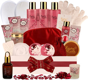 Cranberry & Cherry Blossom 25-Piece Spa Gift Basket. Luxurious Natural Bath Gift Set Holiday Gift Basket