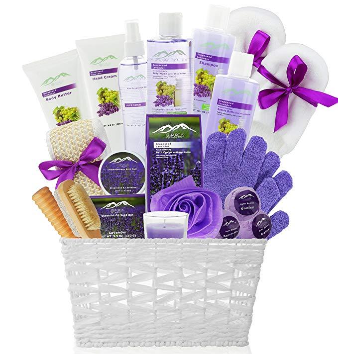 Grapeseed & Lavender Deluxe XL Gourmet Spa Gift Basket with Essential Oils.20-Piece Luxury Bath & Body Gift Set with Bath Bombs, Bubble Bath & More! - ardenorganics.com