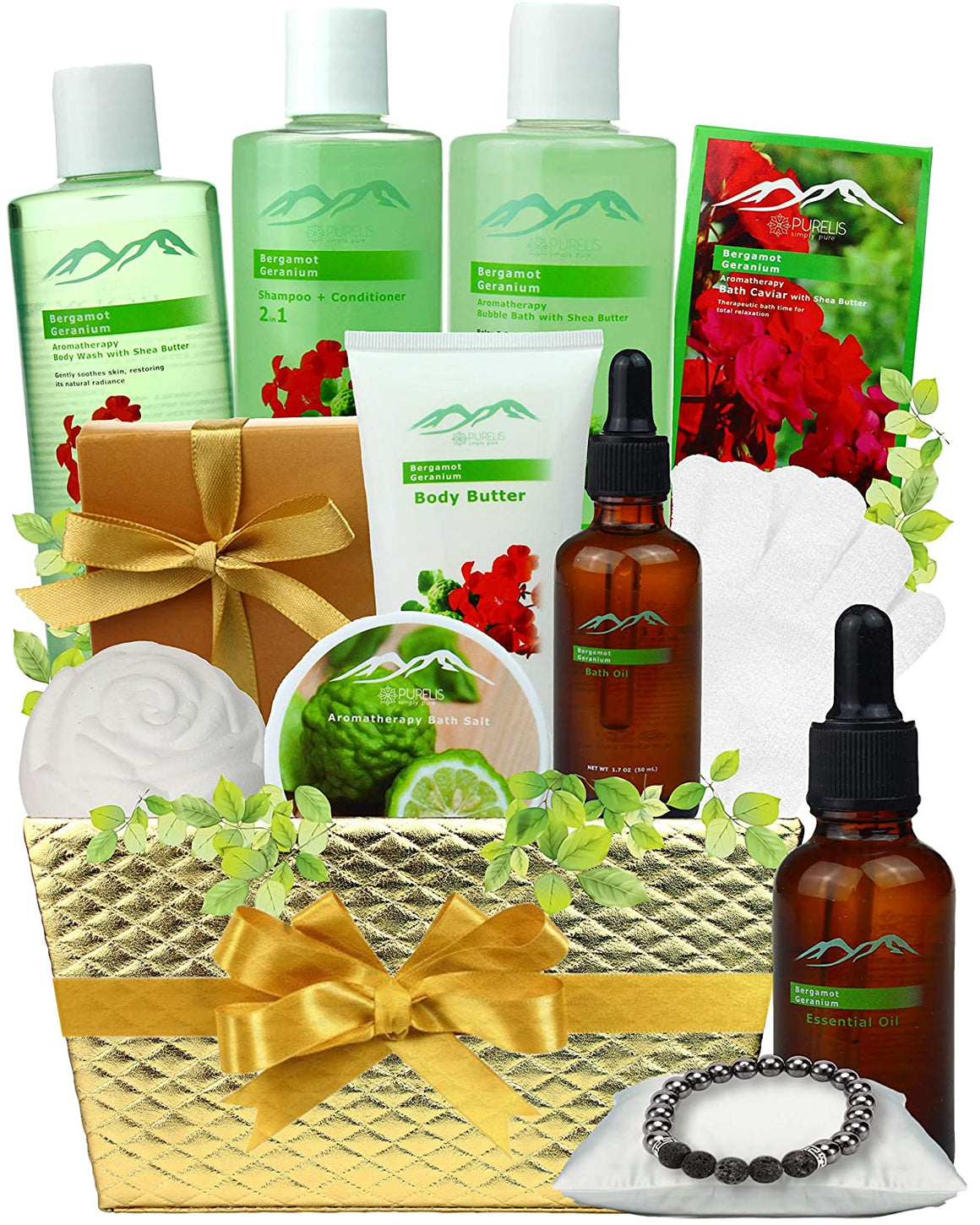 Bergamot Essential Oil 12-Piece Spa Bath & Body Basket Gift Set with Aromatherapy Lava Stone Bracelet
