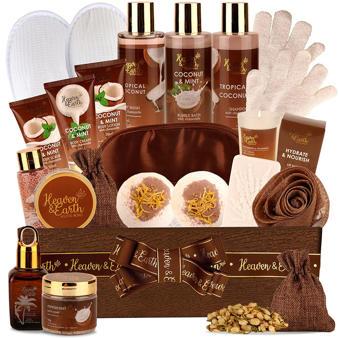 Coconut & Mint Bath Gift Basket Set. Natural Luxury Tropical Spa Gift Set