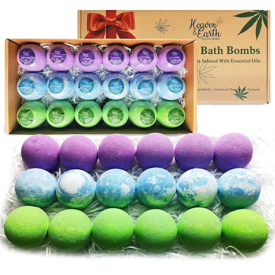 Essential Oil Natural Bath Bombs Gift Set of 18 Lavender, Eucalyptus, & Mint Shea Butter Moisturizing Bath Bombs