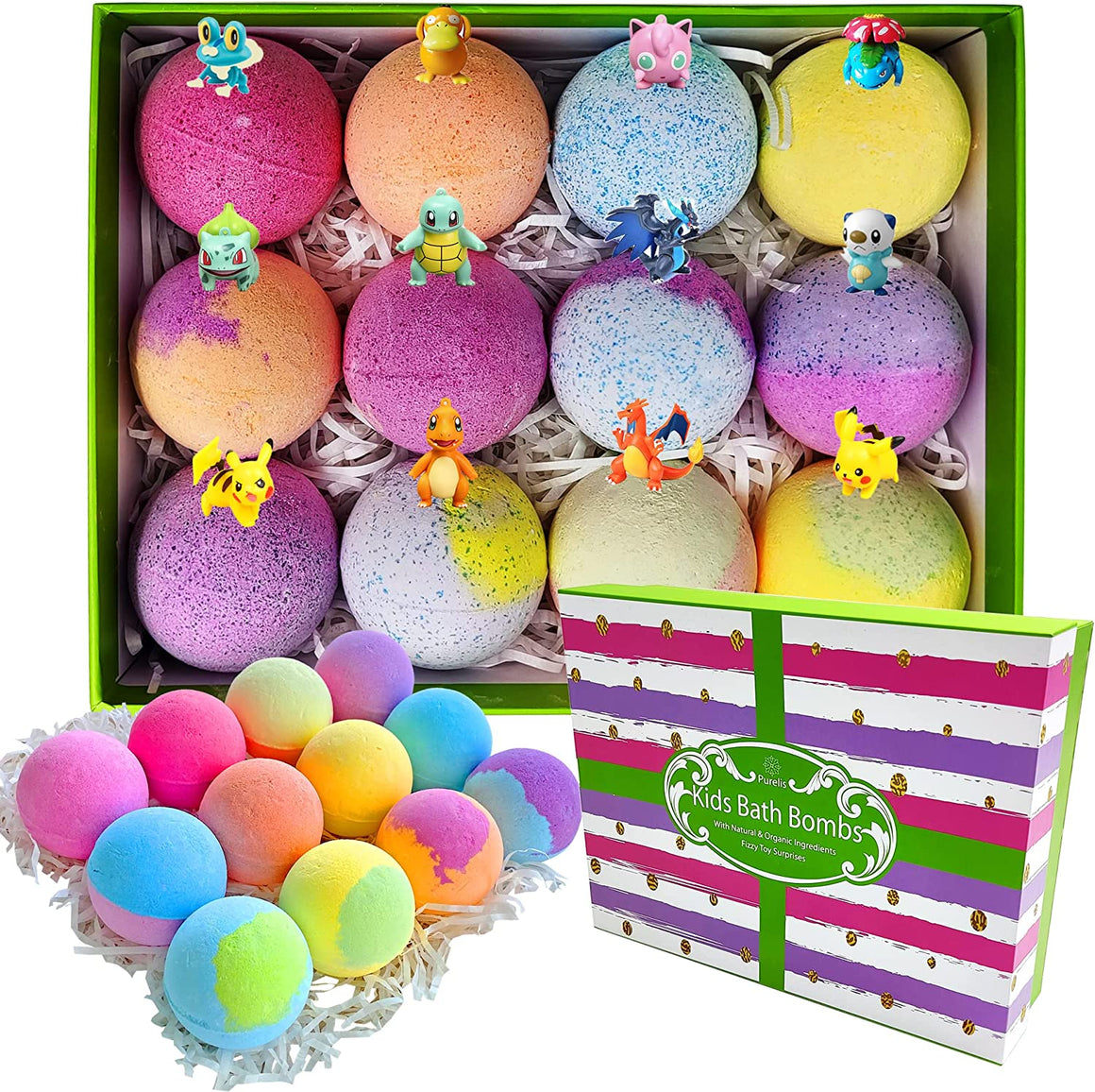 Natural Bath Bombs for Kids with Pokemon Toys Inside! Great 12 Piece Gift Set for Boys & Girls! Safe Ingredients