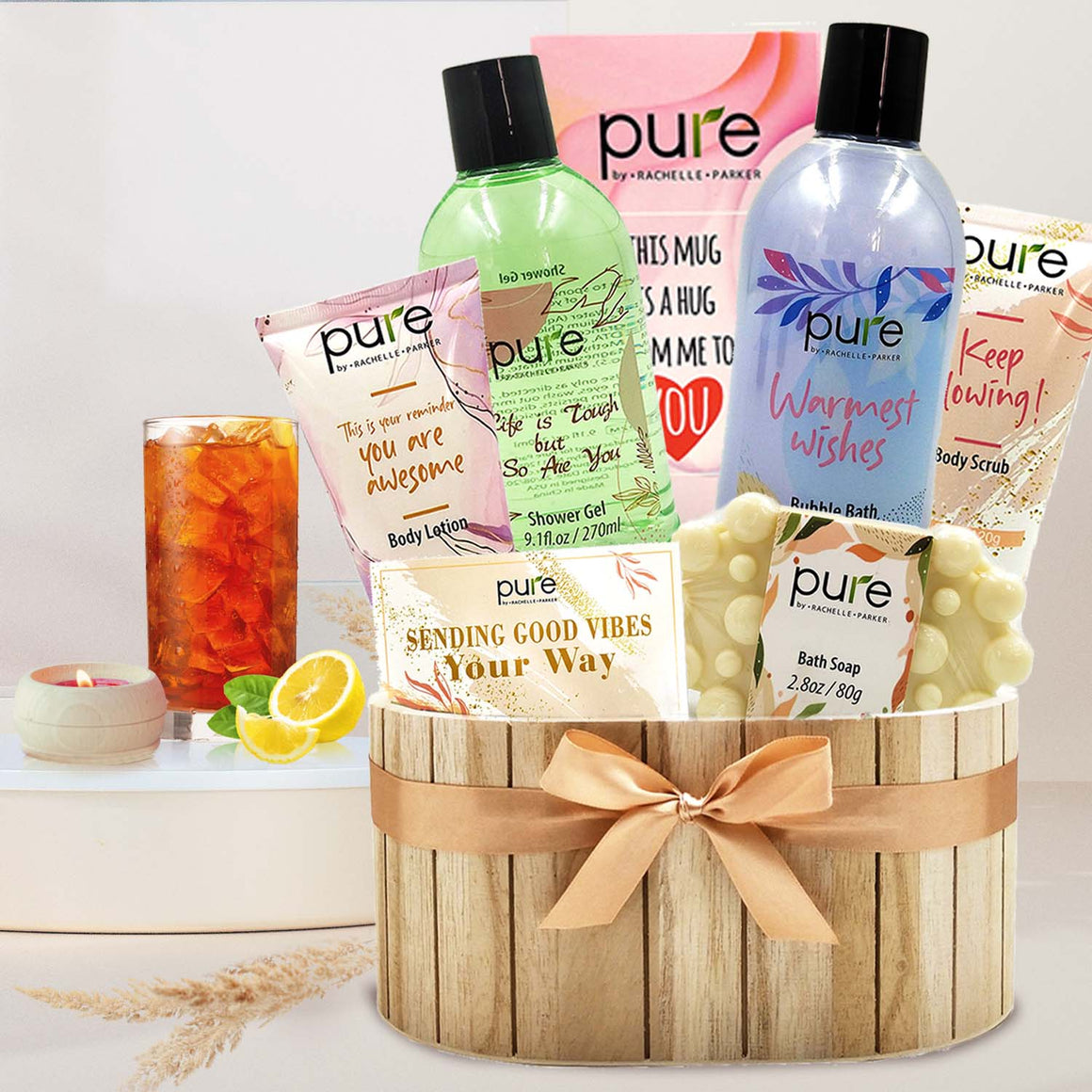 Pampering Good Vibes Gift Basket for Teens, Women 7pcs Get Well Soon Gifts for Women. Self Care Gift Set with Mug, Shower Gel, Soap, Bubble Bath, Body Lotion. Birthday Home Spa Gift Package for Her