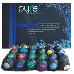 Men's Bath Bombs Gift Set. 24 Assorted Pack Therapeutic Shea Bath Bombs. Large Spa Fizzers with Moisturizing Essential Oils